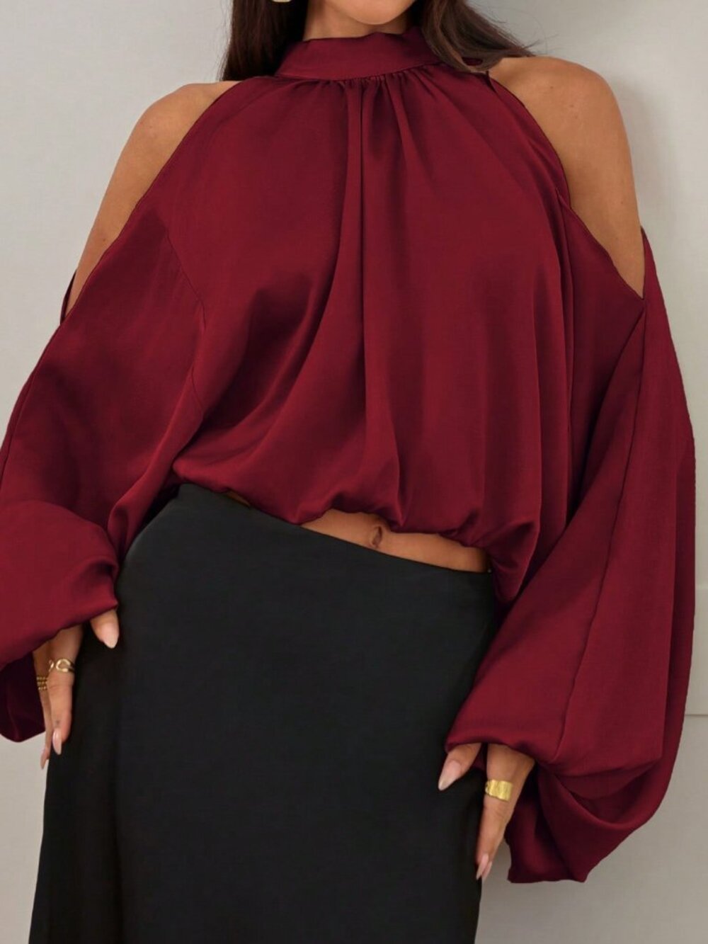 Burgundy Sexy Women's Long Sleeve Puff Sleeve Elegant Party Blouse - Picture 6 of 7